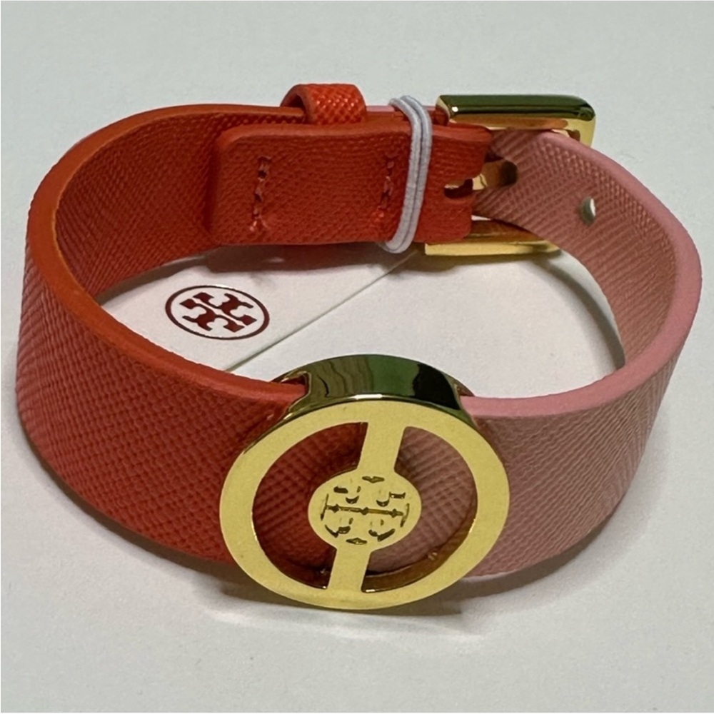 Final sale tory  Burch Gold Logo Pink and Orange Leather bracelet